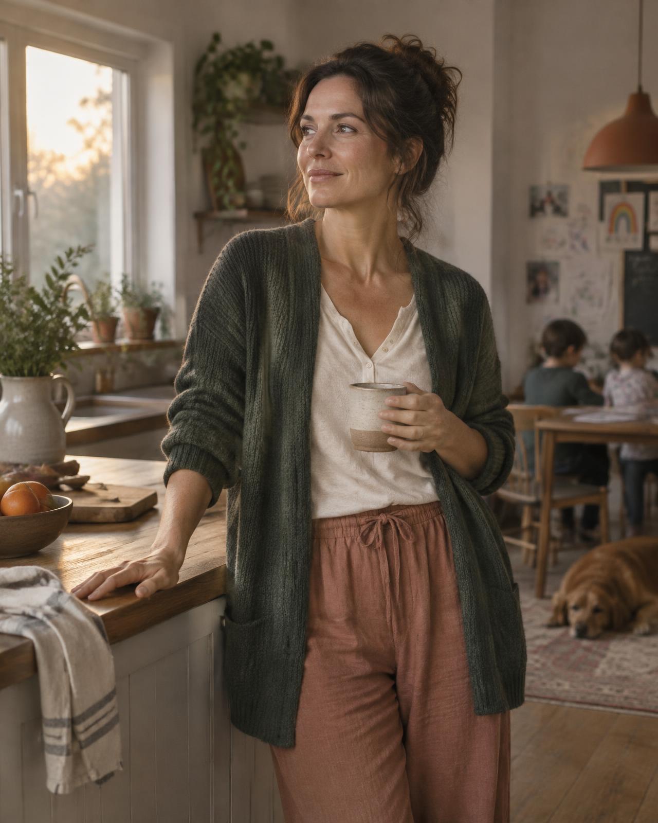 A mother standing thoughtfully in her kitchen at dawn